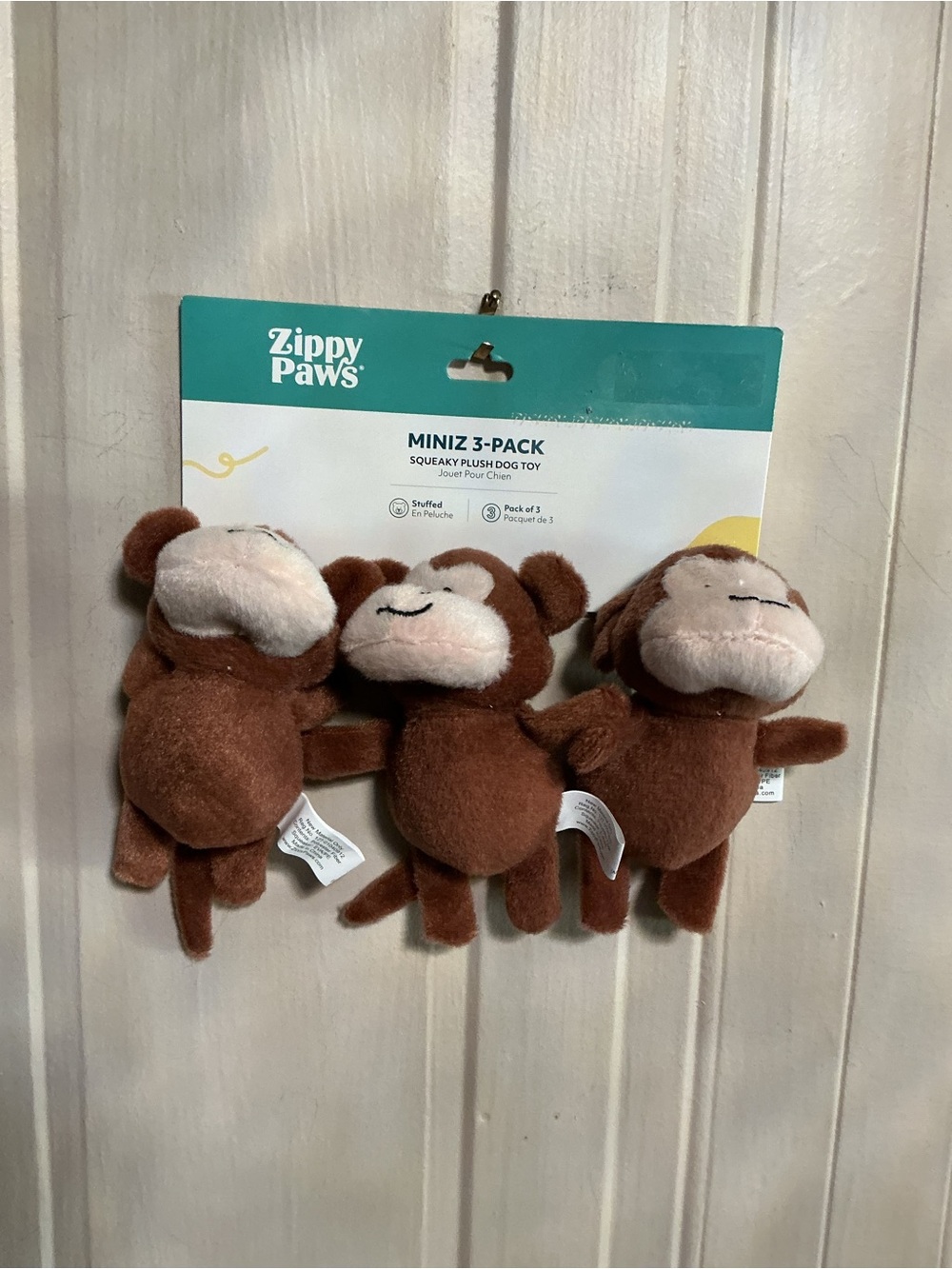 New Zippy Paws Plush 3 Miniz Monkeys Mini Pet Dog Toy Squeaks Brown 4.5* NEW